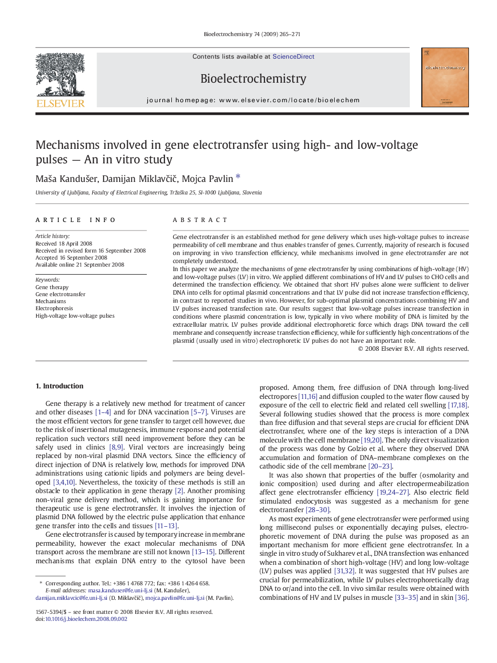 Mechanisms involved in gene electrotransfer using high- and low-voltage pulses — An in vitro study