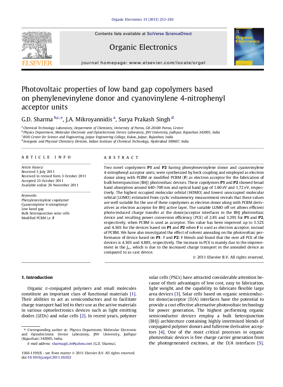 Photovoltaic properties of low band gap copolymers based on phenylenevinylene donor and cyanovinylene 4-nitrophenyl acceptor units
