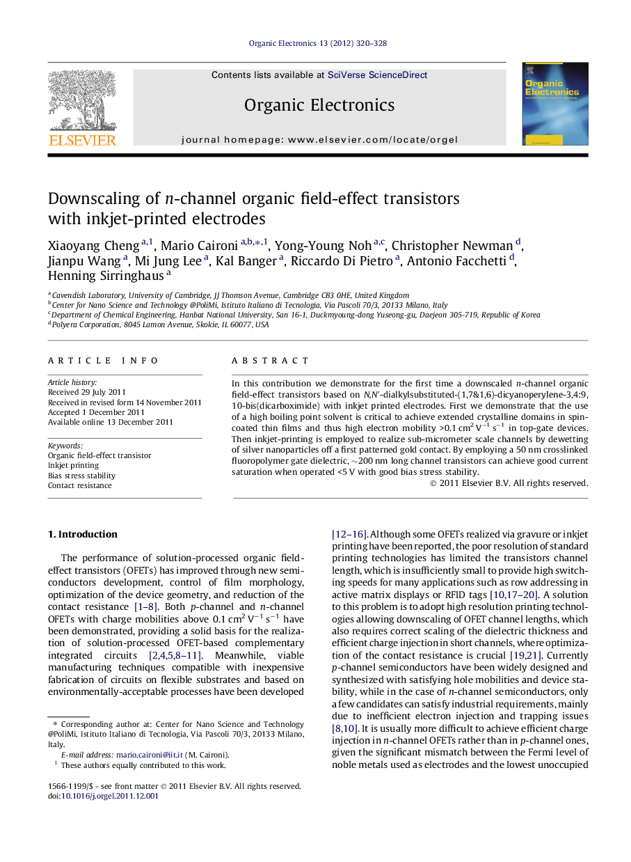 Downscaling of n-channel organic field-effect transistors with inkjet-printed electrodes
