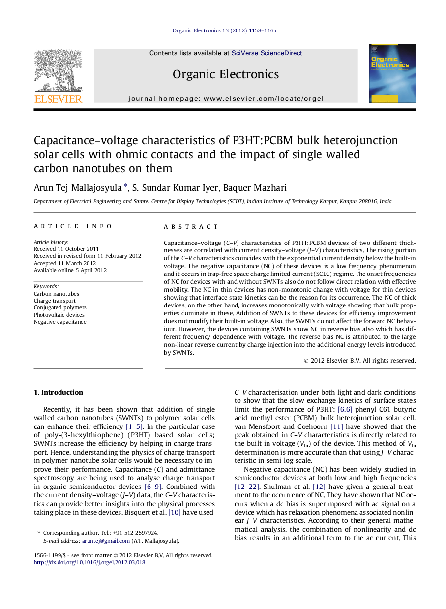 Capacitance–voltage characteristics of P3HT:PCBM bulk heterojunction solar cells with ohmic contacts and the impact of single walled carbon nanotubes on them