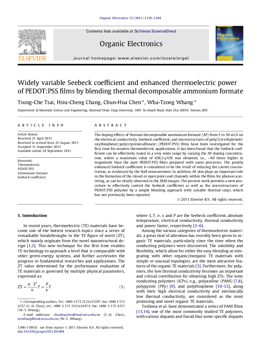 Widely variable Seebeck coefficient and enhanced thermoelectric power of PEDOT:PSS films by blending thermal decomposable ammonium formate