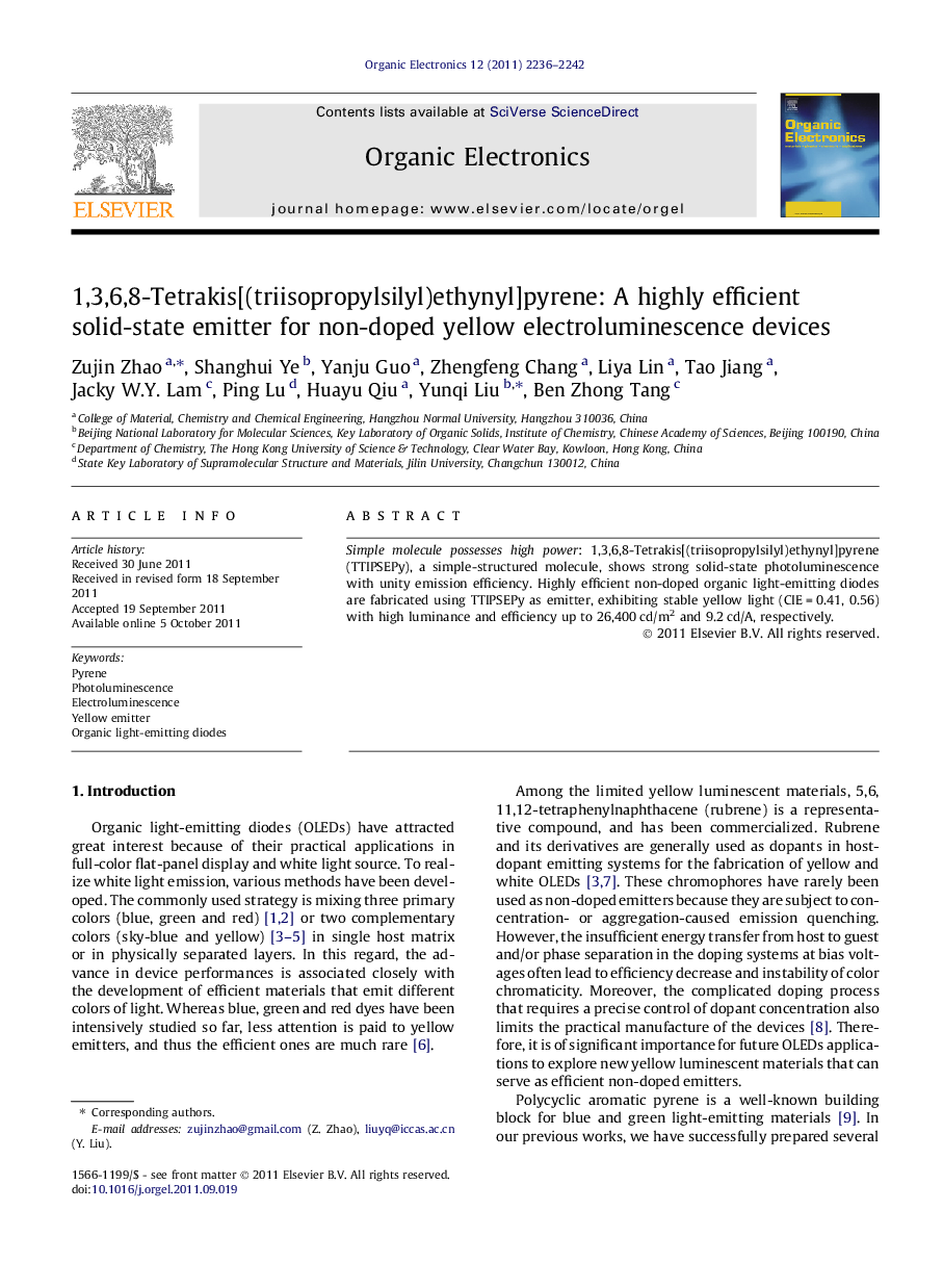 1,3,6,8-Tetrakis[(triisopropylsilyl)ethynyl]pyrene: A highly efficient solid-state emitter for non-doped yellow electroluminescence devices