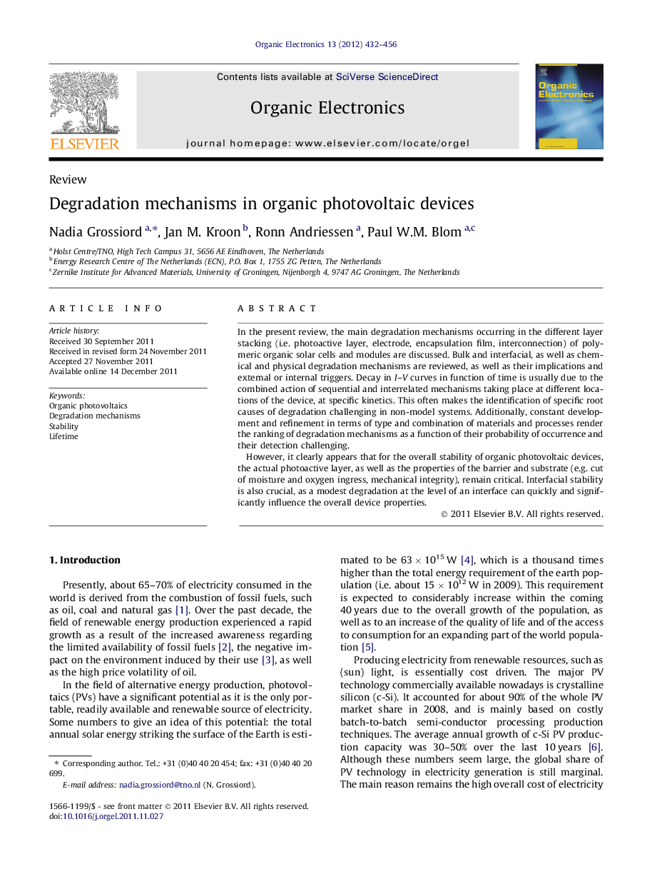 Degradation mechanisms in organic photovoltaic devices