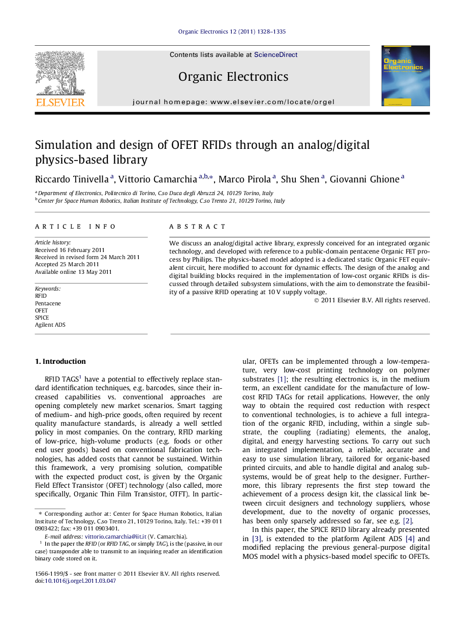 Simulation and design of OFET RFIDs through an analog/digital physics-based library