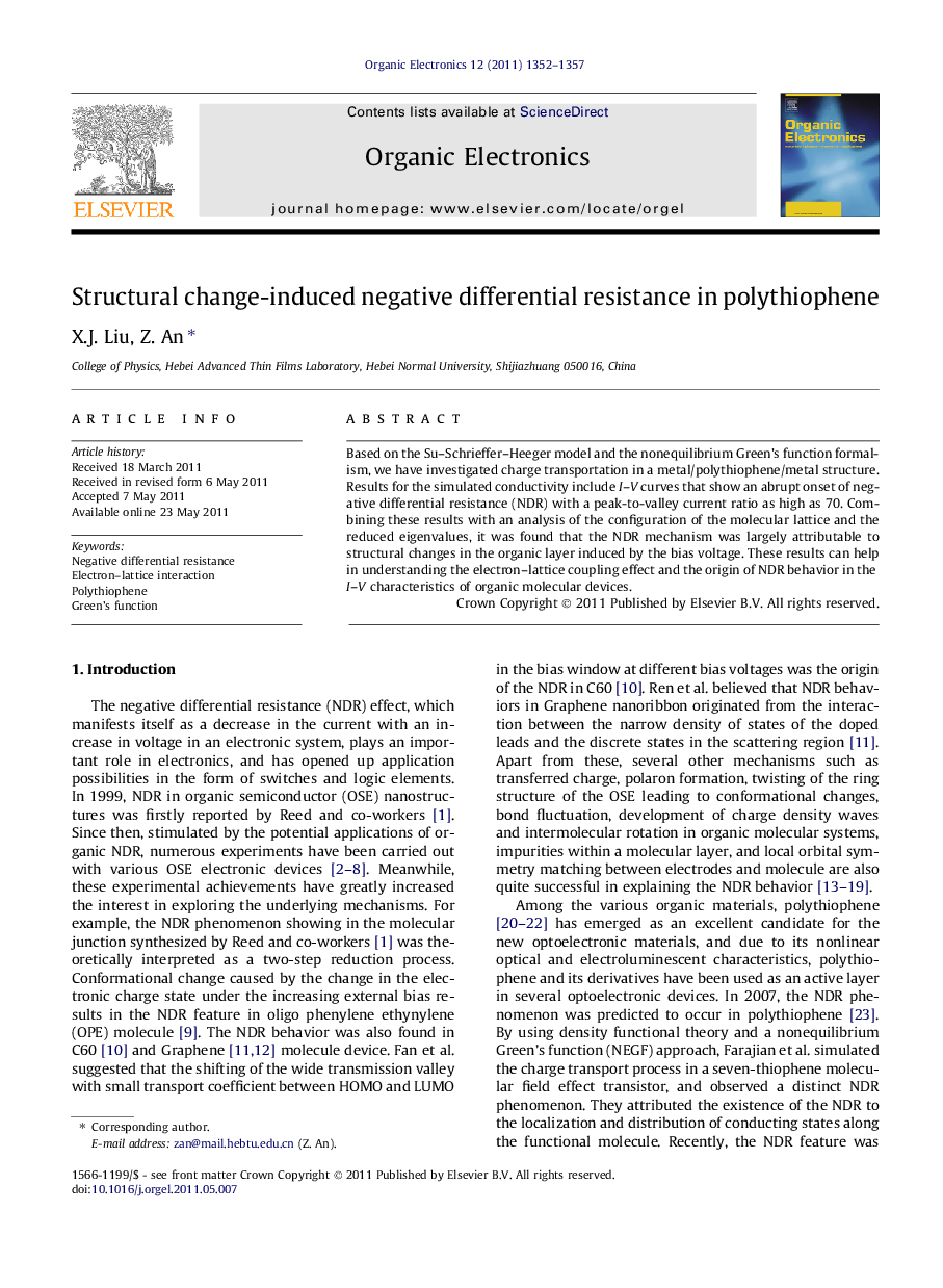 Structural change-induced negative differential resistance in polythiophene