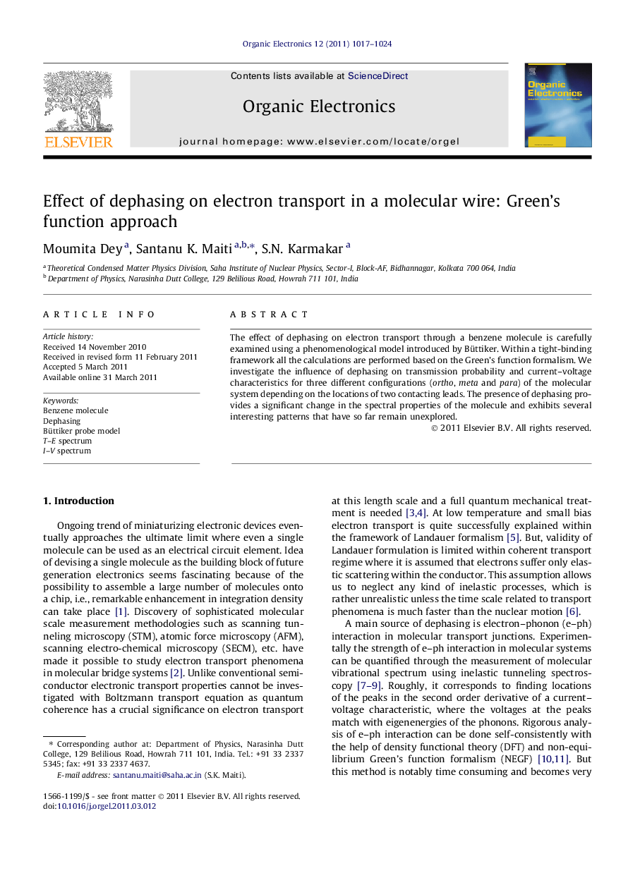 Effect of dephasing on electron transport in a molecular wire: Green’s function approach