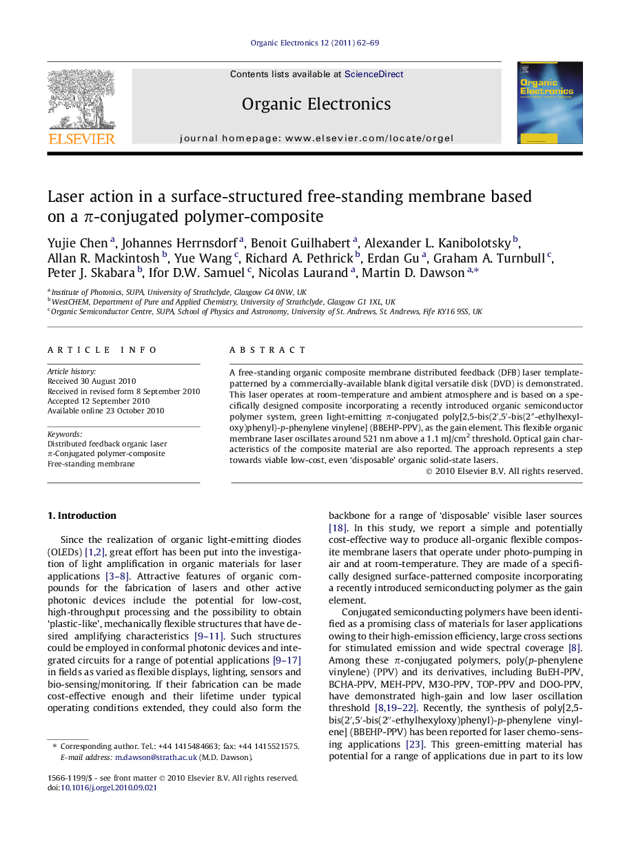 Laser action in a surface-structured free-standing membrane based on a π-conjugated polymer-composite