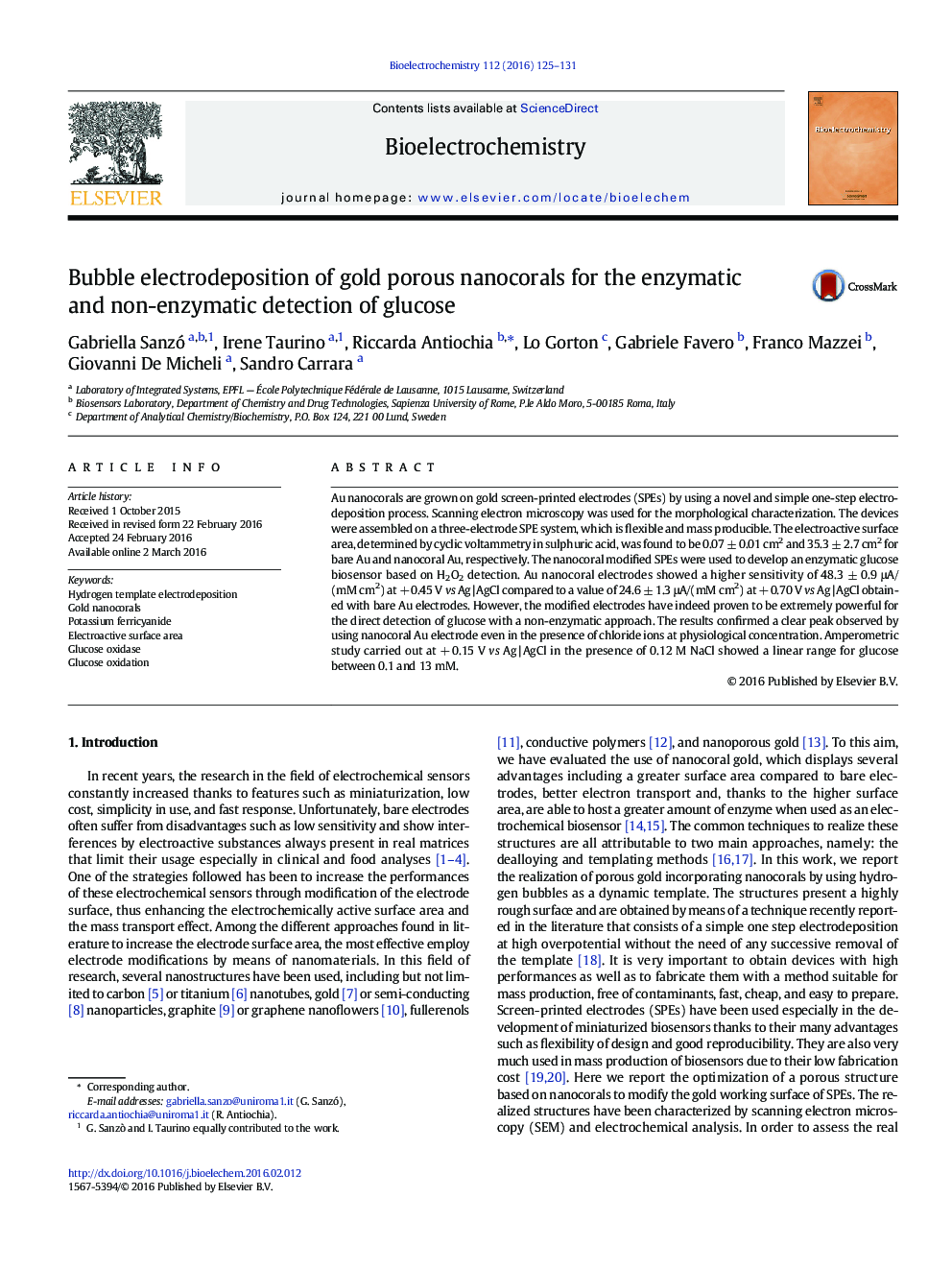 Bubble electrodeposition of gold porous nanocorals for the enzymatic and non-enzymatic detection of glucose