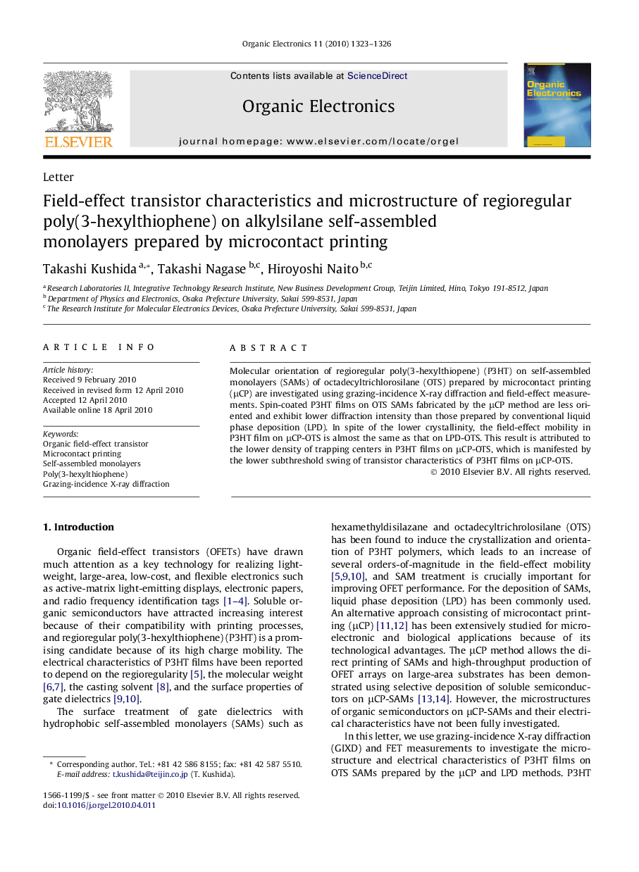 Field-effect transistor characteristics and microstructure of regioregular poly(3-hexylthiophene) on alkylsilane self-assembled monolayers prepared by microcontact printing