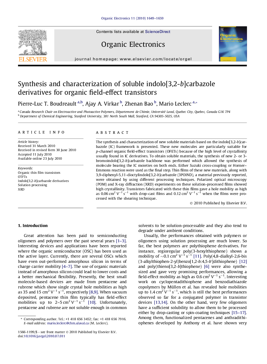 Synthesis and characterization of soluble indolo[3,2-b]carbazole derivatives for organic field-effect transistors