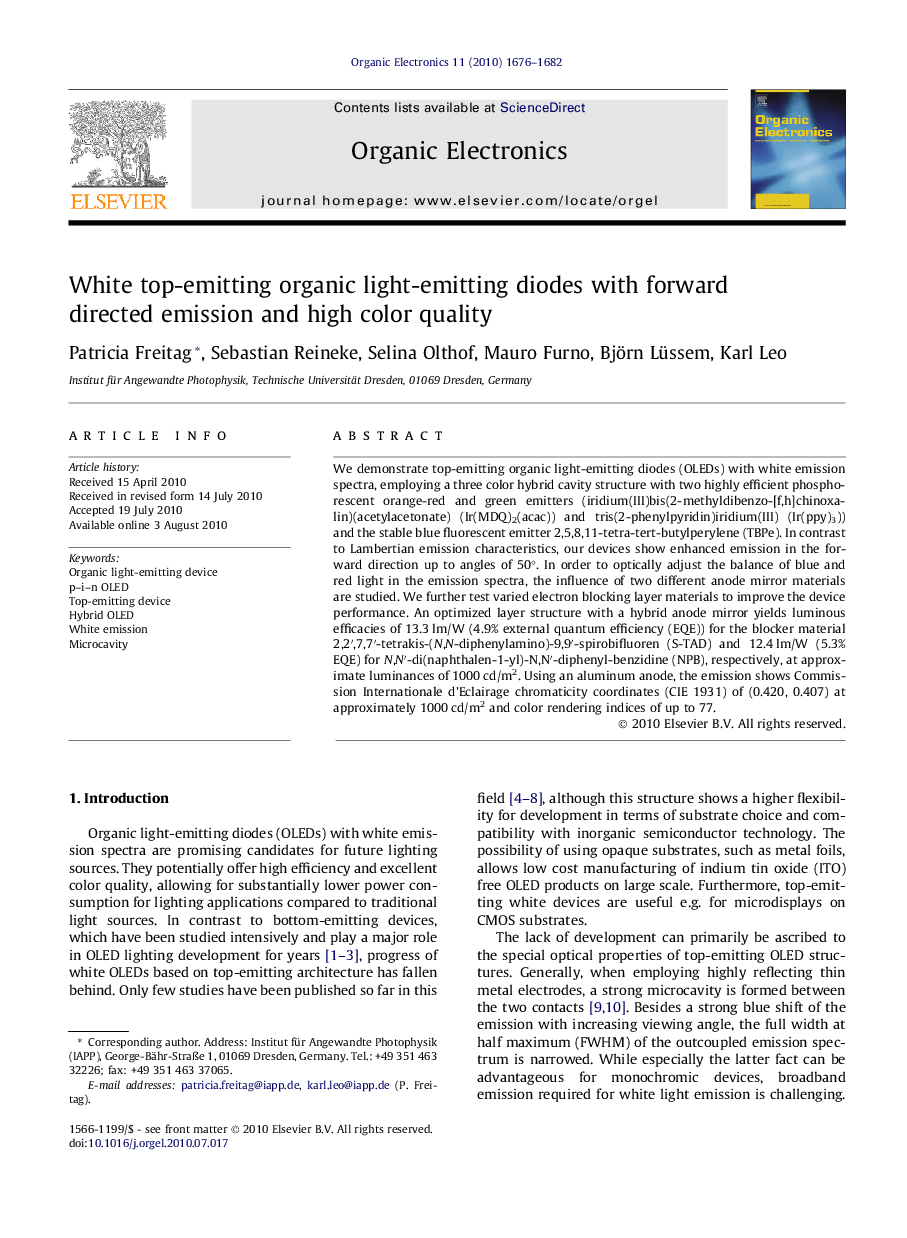 White top-emitting organic light-emitting diodes with forward directed emission and high color quality