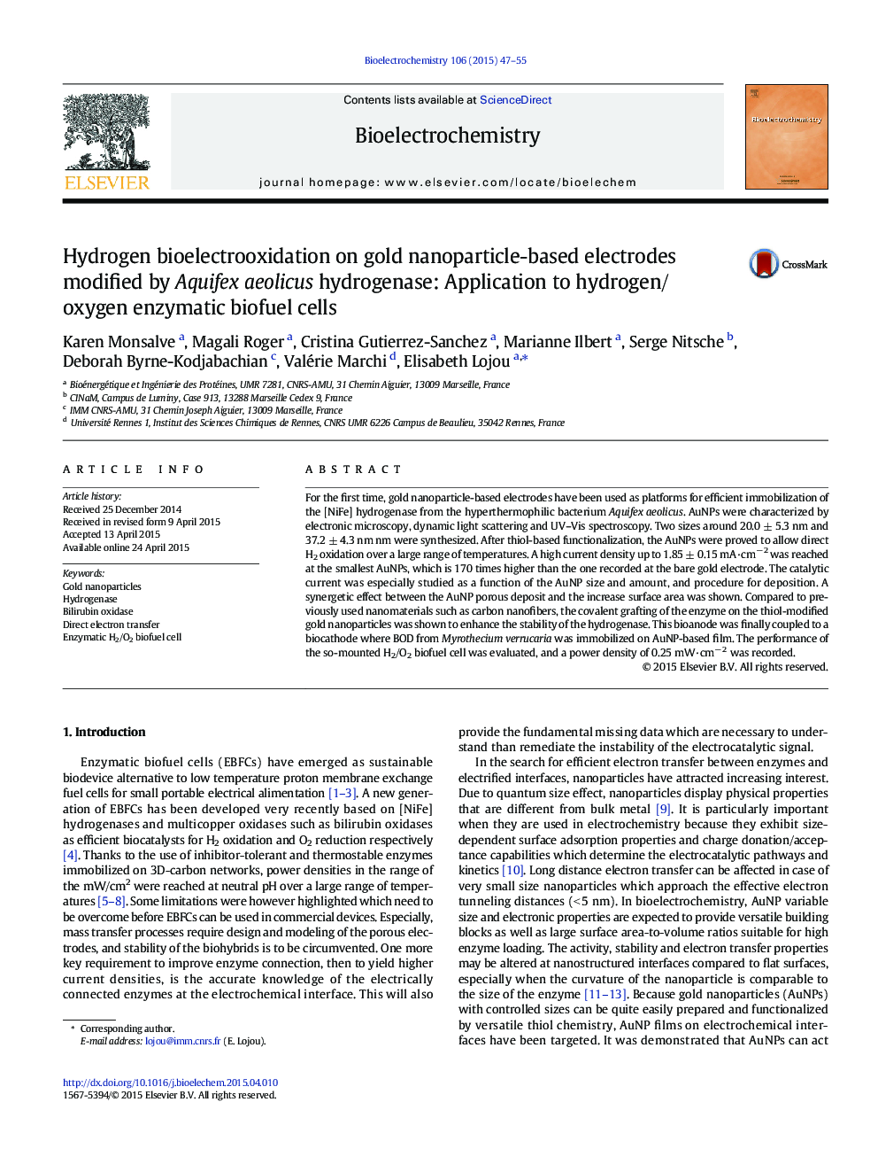 Hydrogen bioelectrooxidation on gold nanoparticle-based electrodes modified by Aquifex aeolicus hydrogenase: Application to hydrogen/oxygen enzymatic biofuel cells