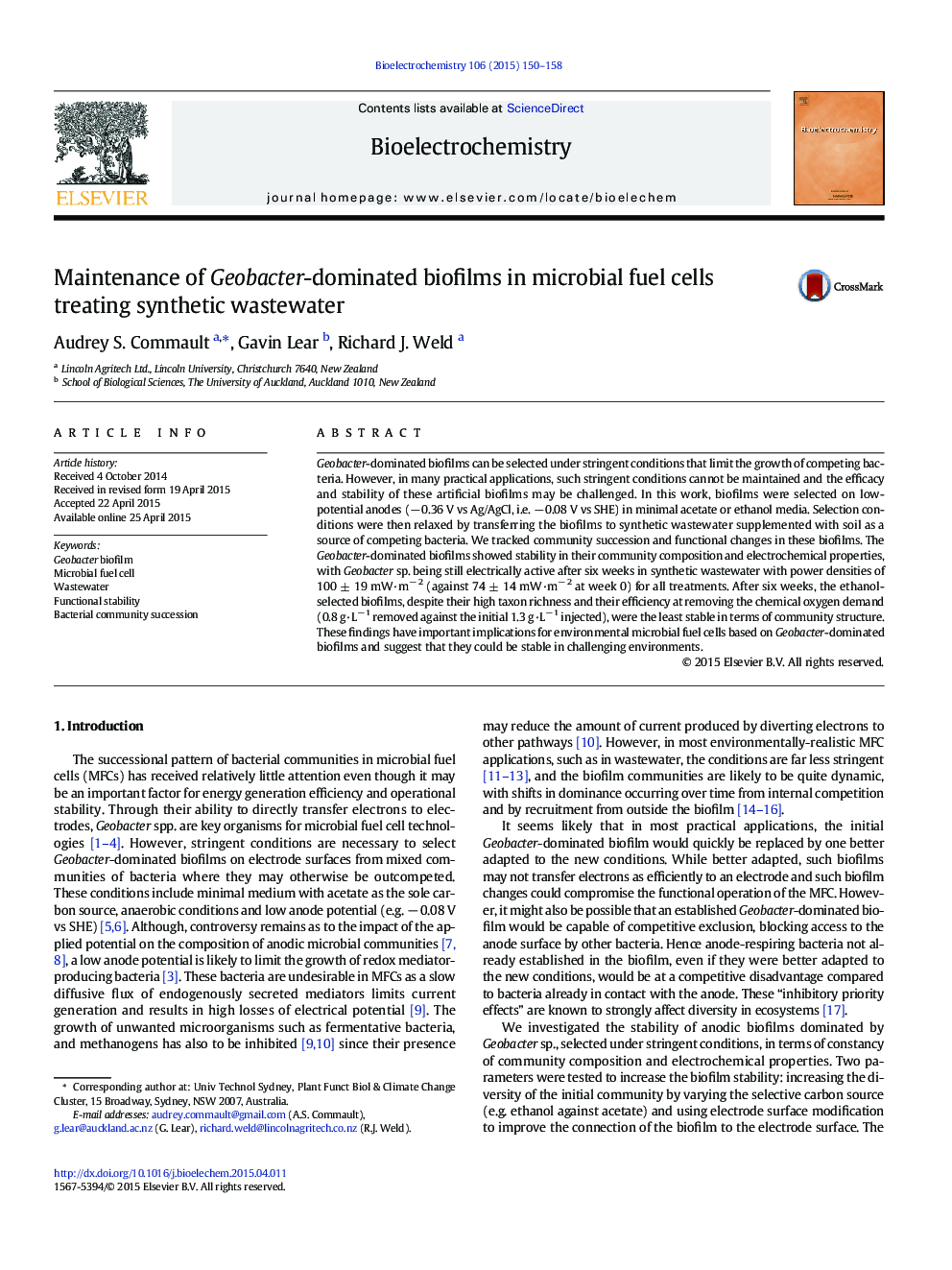 Maintenance of Geobacter-dominated biofilms in microbial fuel cells treating synthetic wastewater