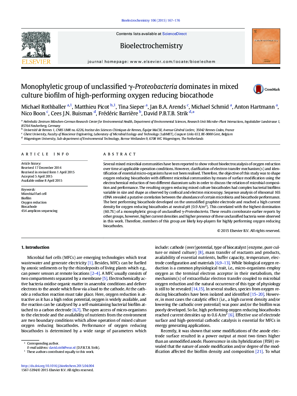 Monophyletic group of unclassified γ-Proteobacteria dominates in mixed culture biofilm of high-performing oxygen reducing biocathode