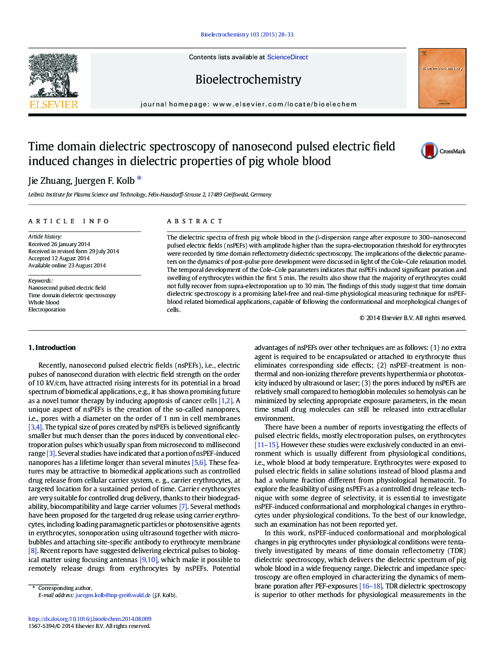 Time domain dielectric spectroscopy of nanosecond pulsed electric field induced changes in dielectric properties of pig whole blood