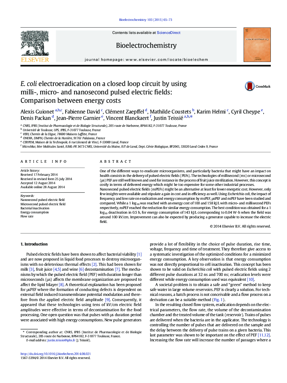 E. coli electroeradication on a closed loop circuit by using milli-, micro- and nanosecond pulsed electric fields: Comparison between energy costs