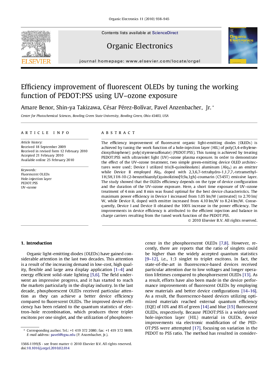 Efficiency improvement of fluorescent OLEDs by tuning the working function of PEDOT:PSS using UV–ozone exposure