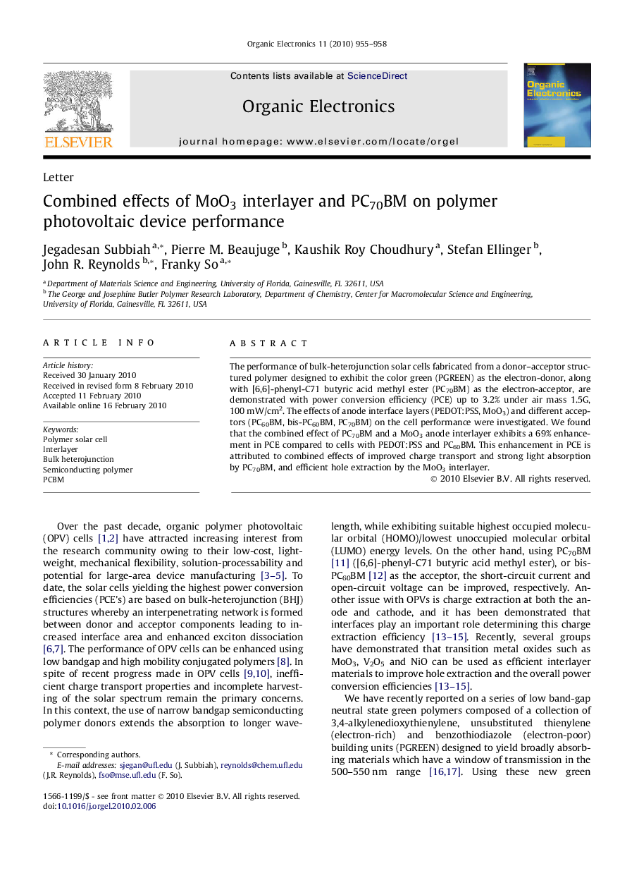 Combined effects of MoO3 interlayer and PC70BM on polymer photovoltaic device performance