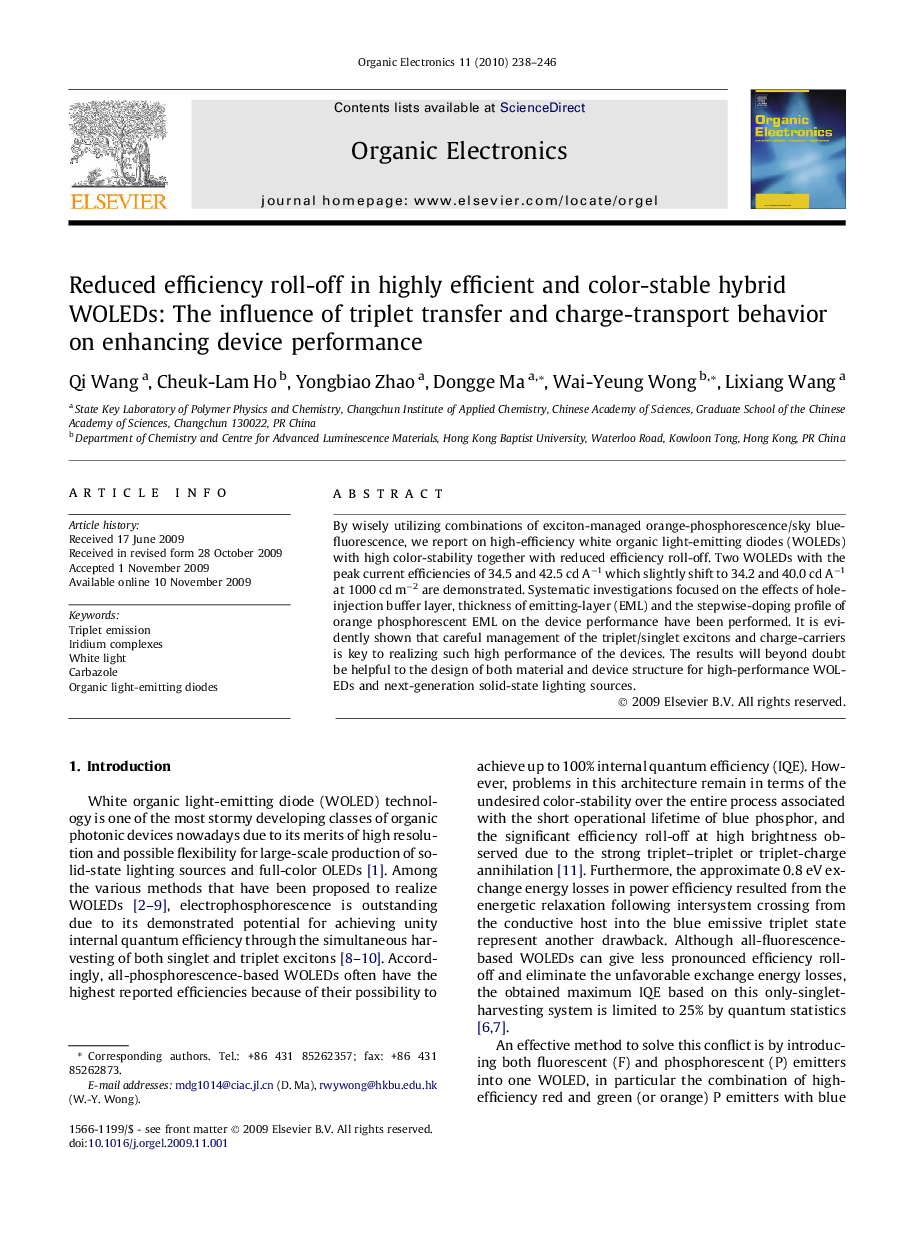 Reduced efficiency roll-off in highly efficient and color-stable hybrid WOLEDs: The influence of triplet transfer and charge-transport behavior on enhancing device performance