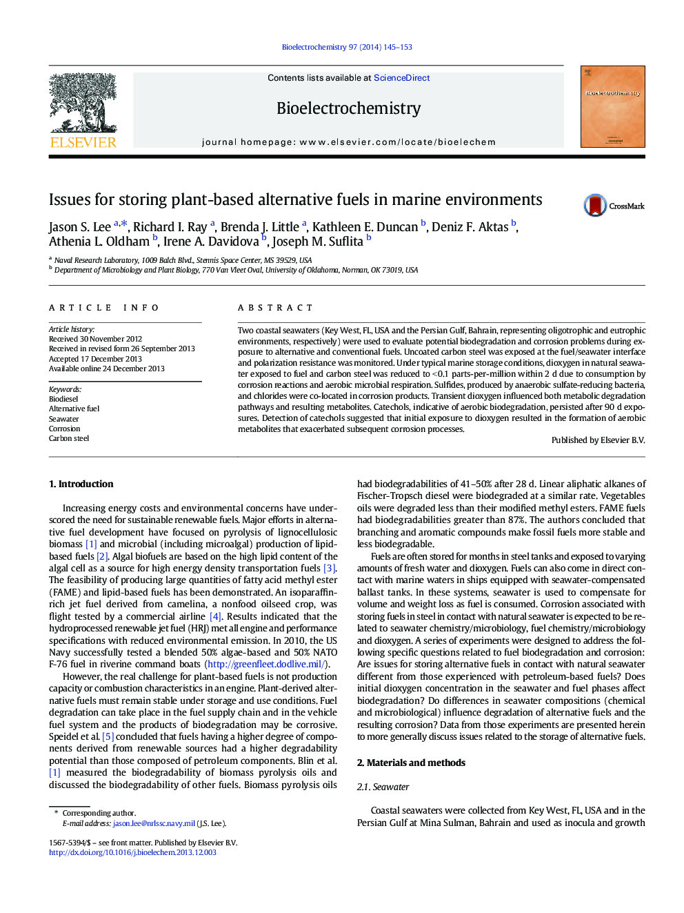 Issues for storing plant-based alternative fuels in marine environments