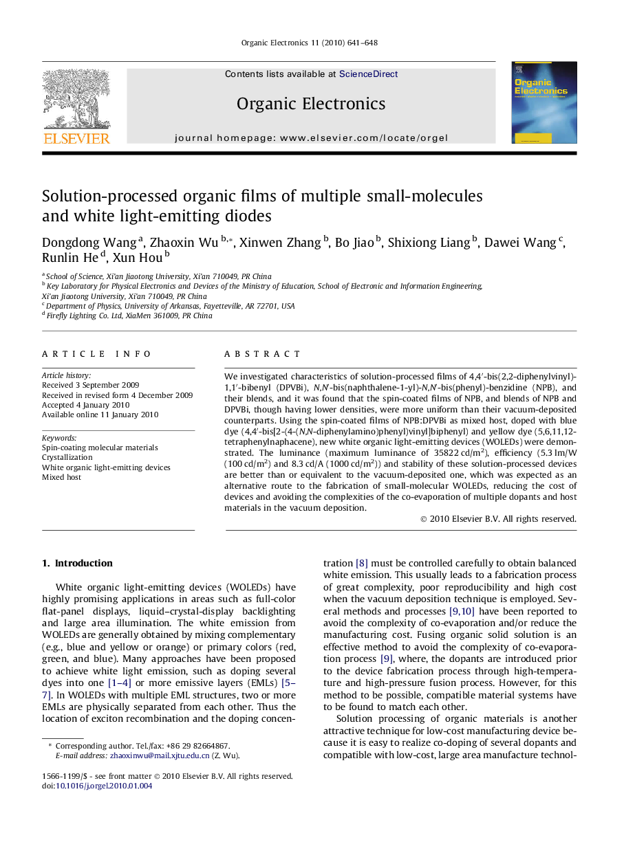 Solution-processed organic films of multiple small-molecules and white light-emitting diodes