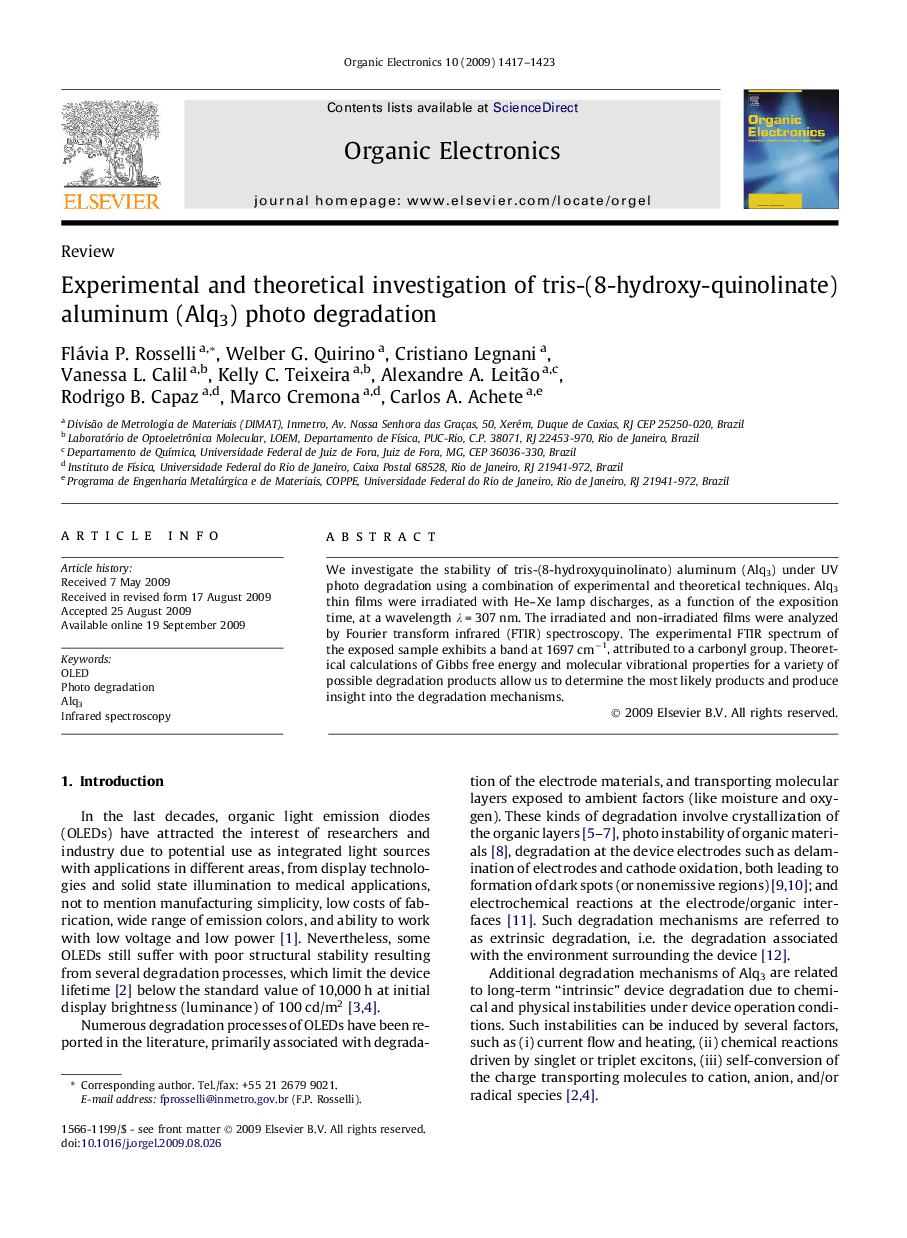 Experimental and theoretical investigation of tris-(8-hydroxy-quinolinate) aluminum (Alq3) photo degradation