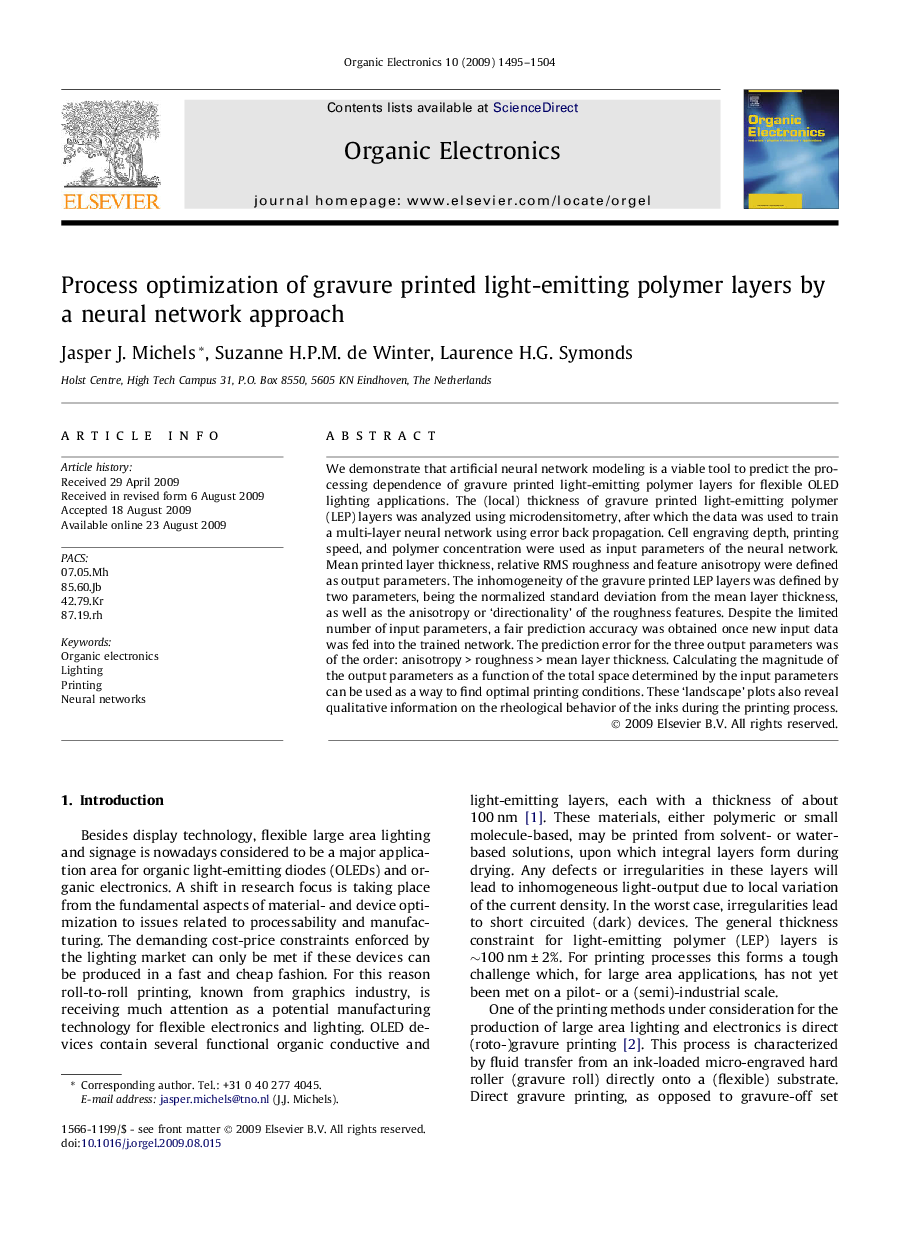 Process optimization of gravure printed light-emitting polymer layers by a neural network approach