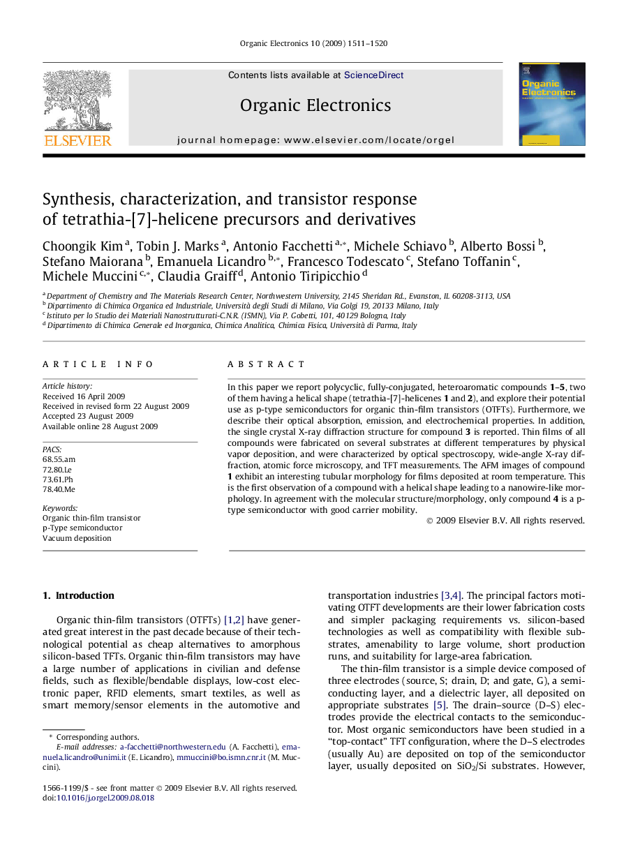 Synthesis, characterization, and transistor response of tetrathia-[7]-helicene precursors and derivatives