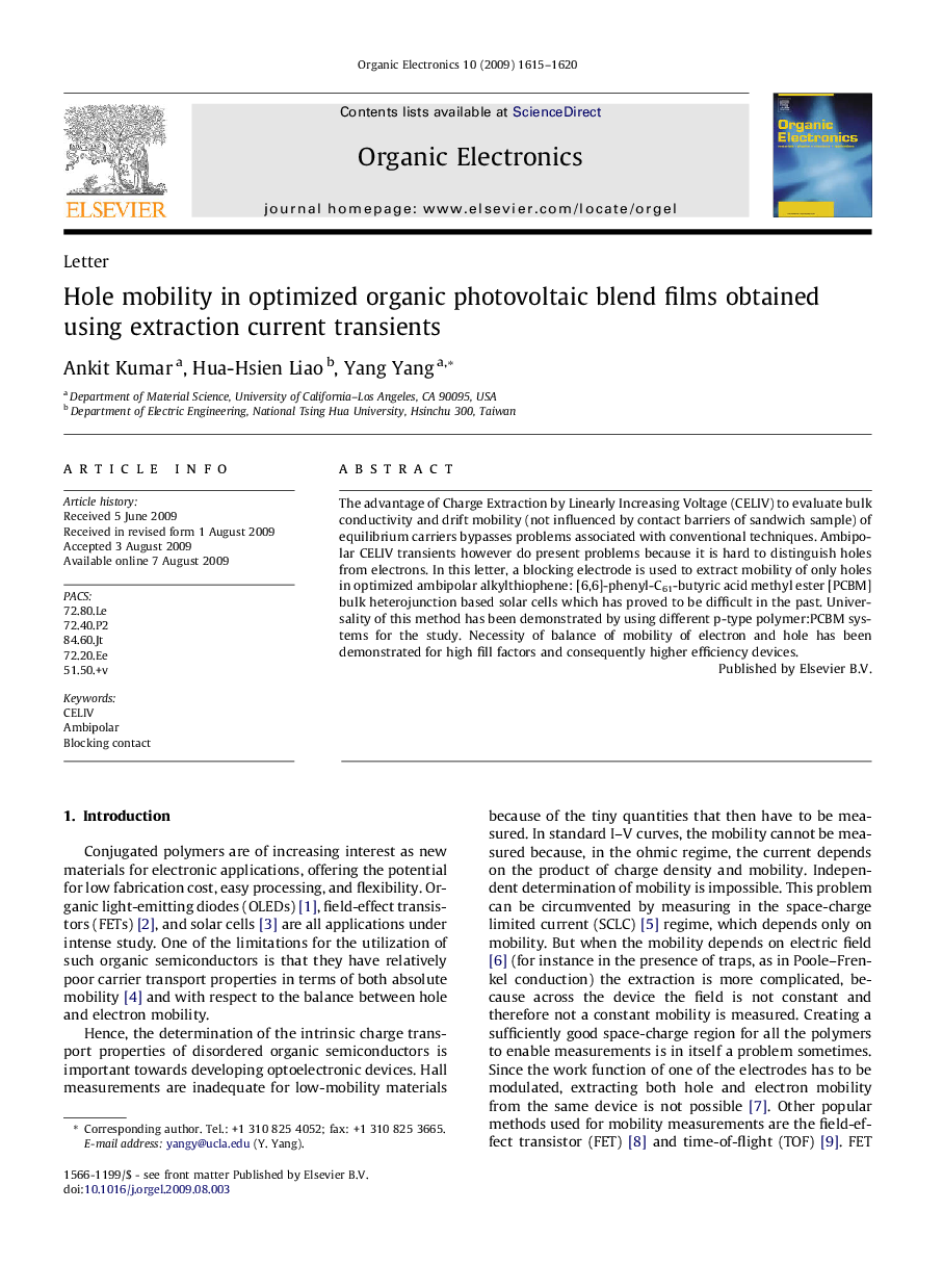 Hole mobility in optimized organic photovoltaic blend films obtained using extraction current transients