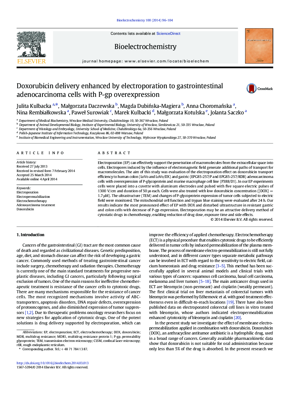 Doxorubicin delivery enhanced by electroporation to gastrointestinal adenocarcinoma cells with P-gp overexpression