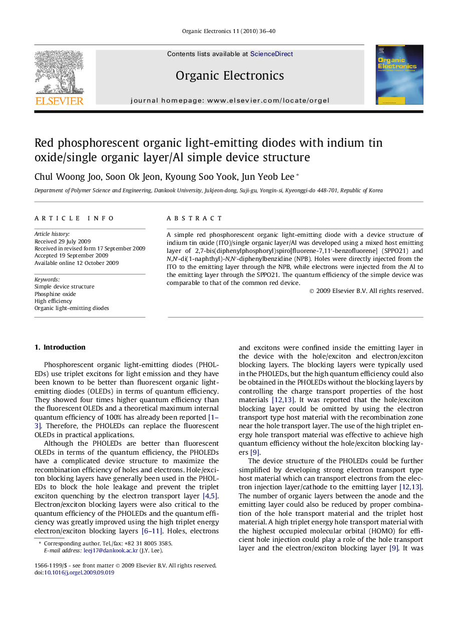 Red phosphorescent organic light-emitting diodes with indium tin oxide/single organic layer/Al simple device structure