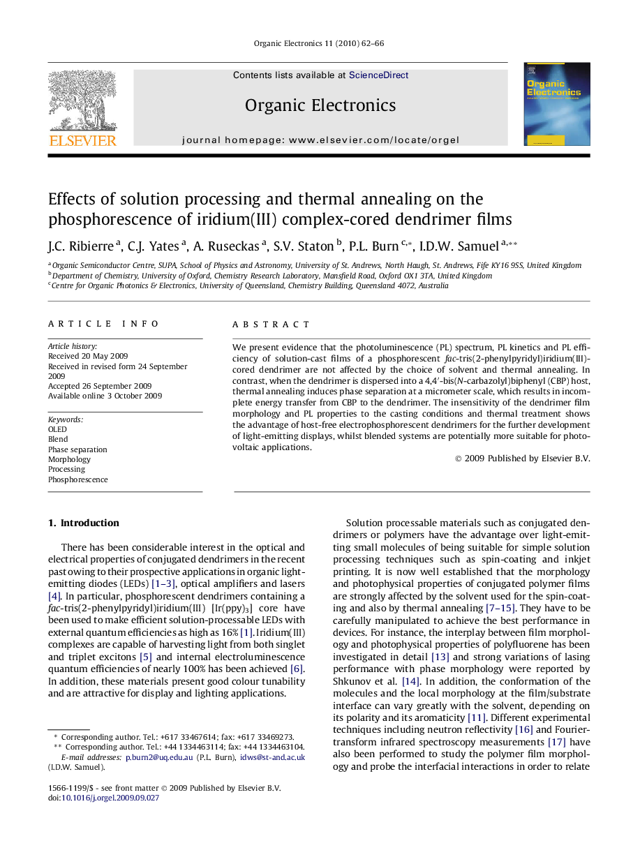 Effects of solution processing and thermal annealing on the phosphorescence of iridium(III) complex-cored dendrimer films