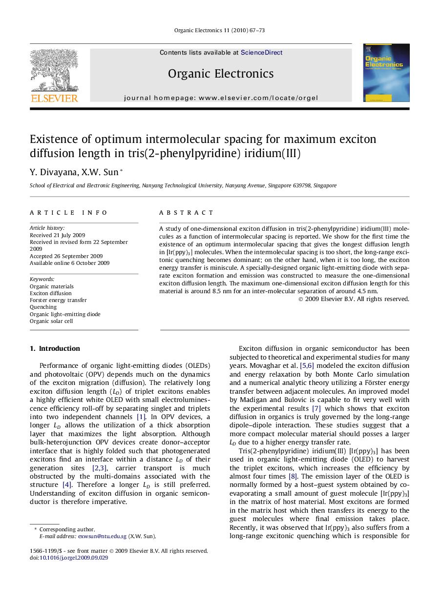 Existence of optimum intermolecular spacing for maximum exciton diffusion length in tris(2-phenylpyridine) iridium(III)