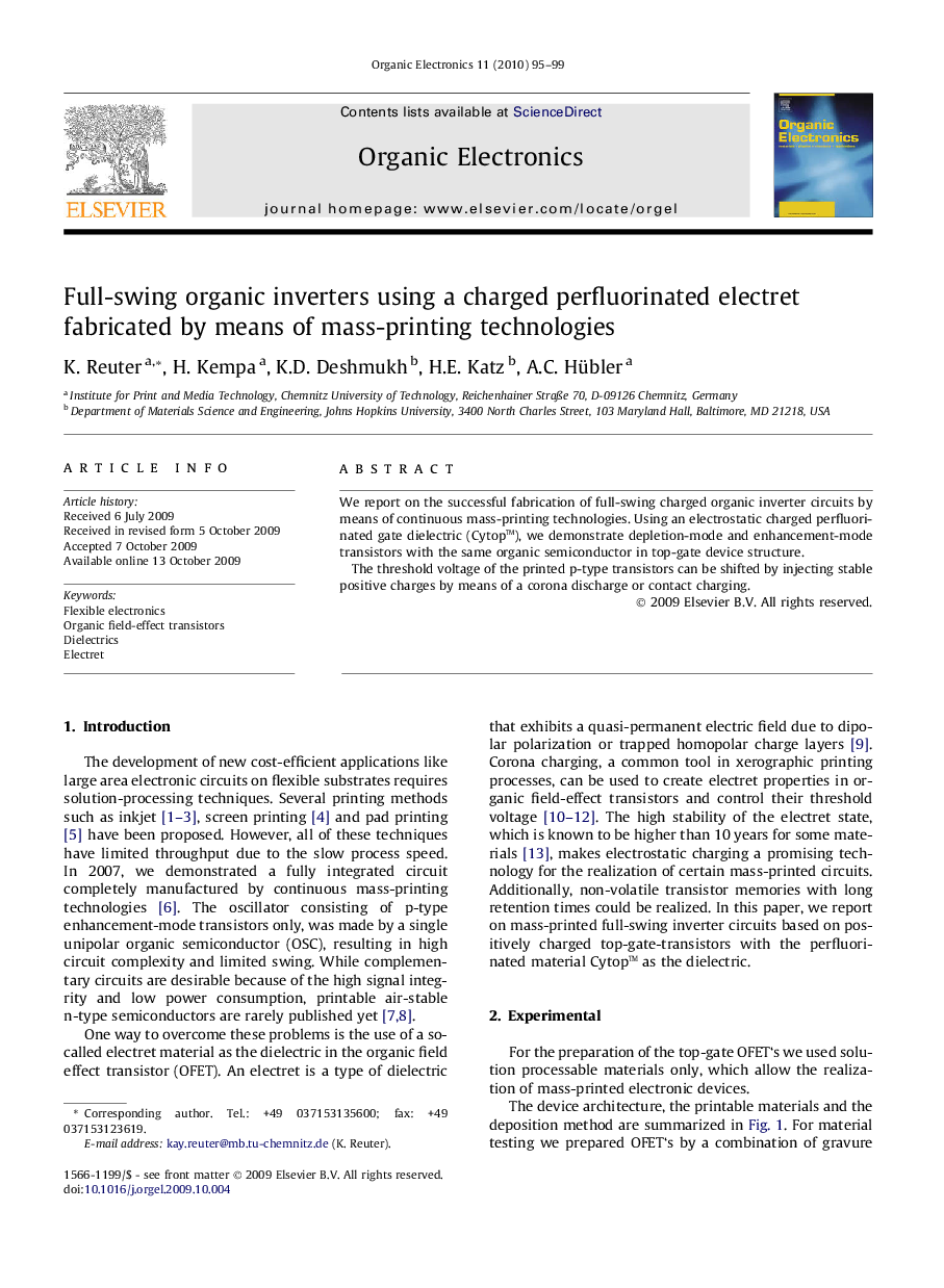 Full-swing organic inverters using a charged perfluorinated electret fabricated by means of mass-printing technologies