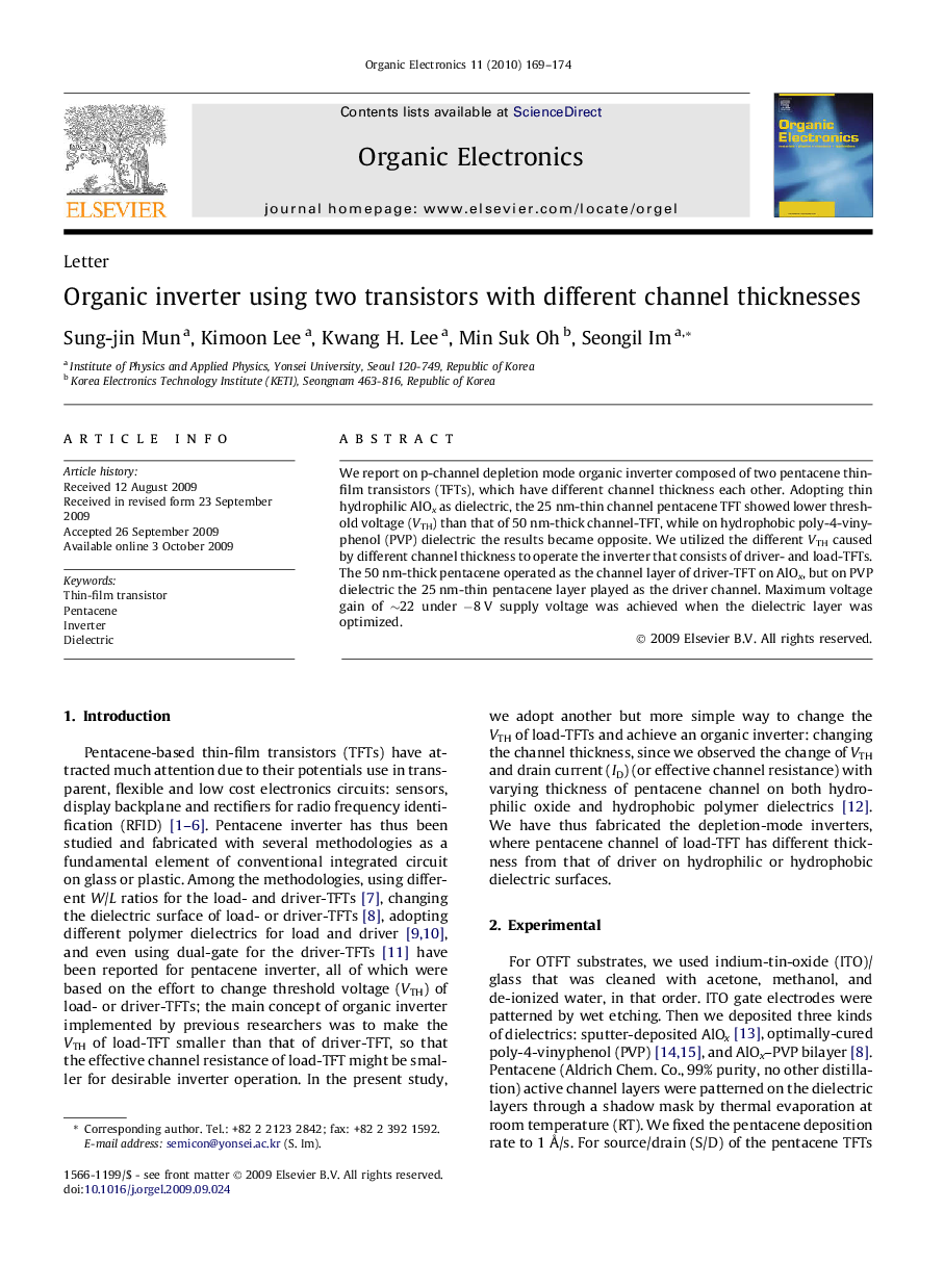 Organic inverter using two transistors with different channel thicknesses