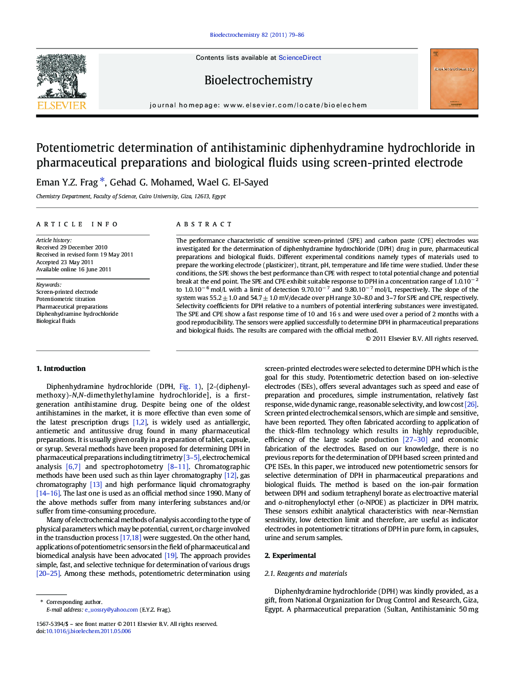 Potentiometric determination of antihistaminic diphenhydramine hydrochloride in pharmaceutical preparations and biological fluids using screen-printed electrode