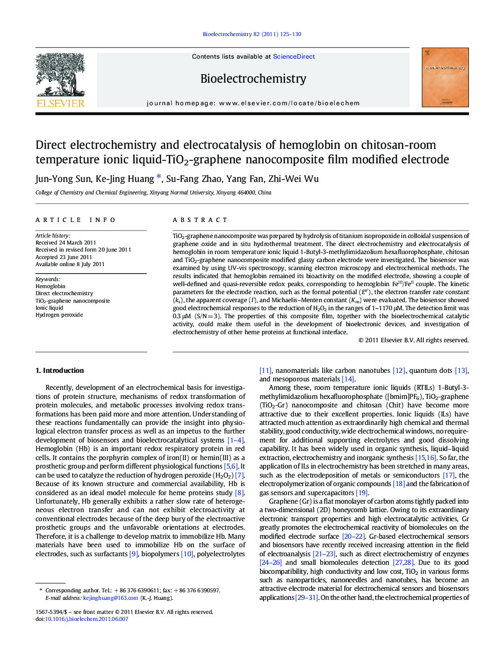 Direct electrochemistry and electrocatalysis of hemoglobin on chitosan-room temperature ionic liquid-TiO2-graphene nanocomposite film modified electrode