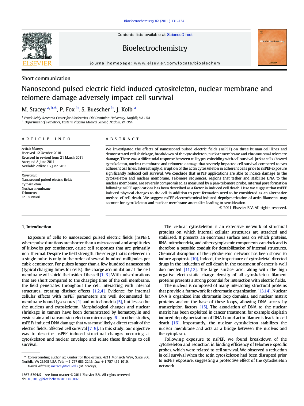 Nanosecond pulsed electric field induced cytoskeleton, nuclear membrane and telomere damage adversely impact cell survival