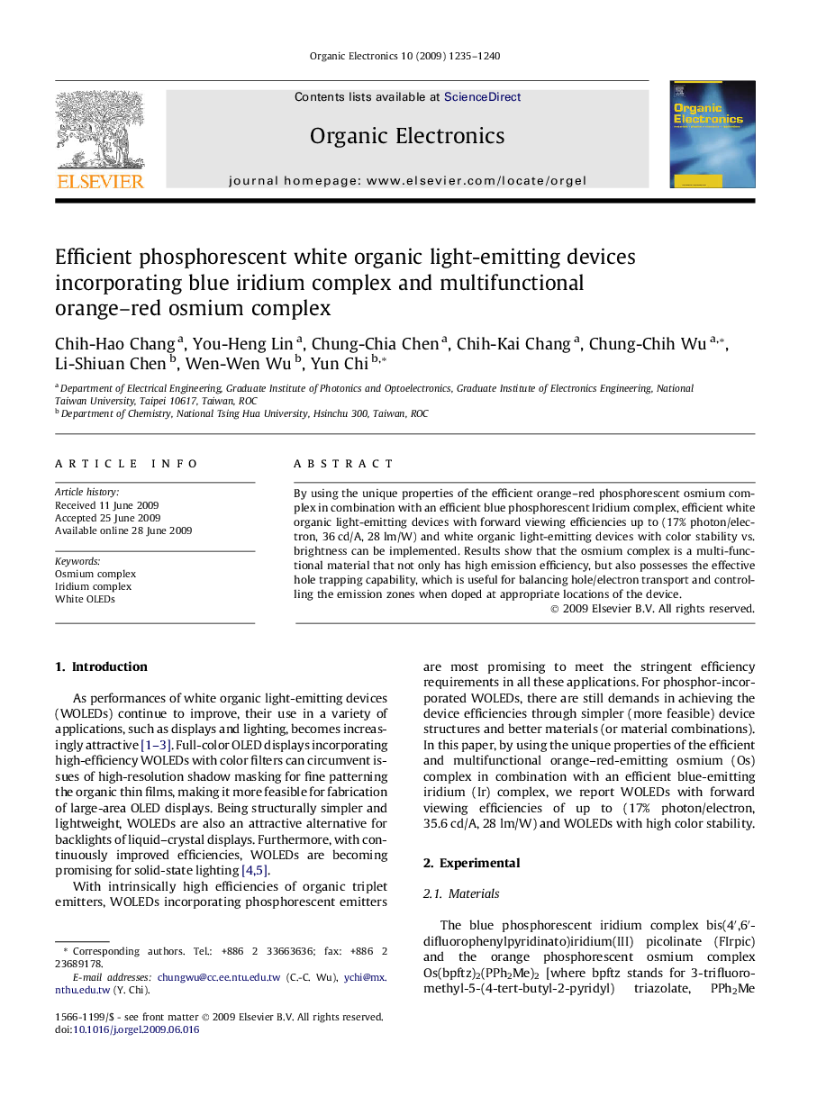 Efficient phosphorescent white organic light-emitting devices incorporating blue iridium complex and multifunctional orange–red osmium complex