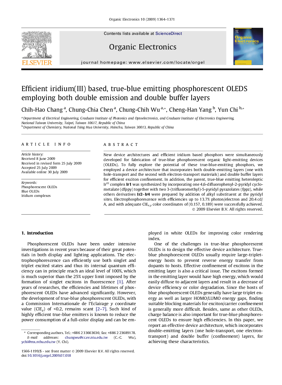 Efficient iridium(III) based, true-blue emitting phosphorescent OLEDS employing both double emission and double buffer layers