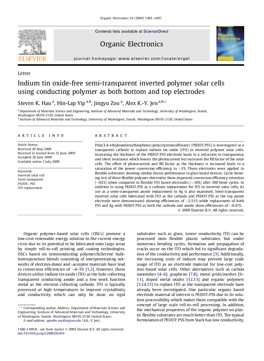 Indium tin oxide-free semi-transparent inverted polymer solar cells using conducting polymer as both bottom and top electrodes