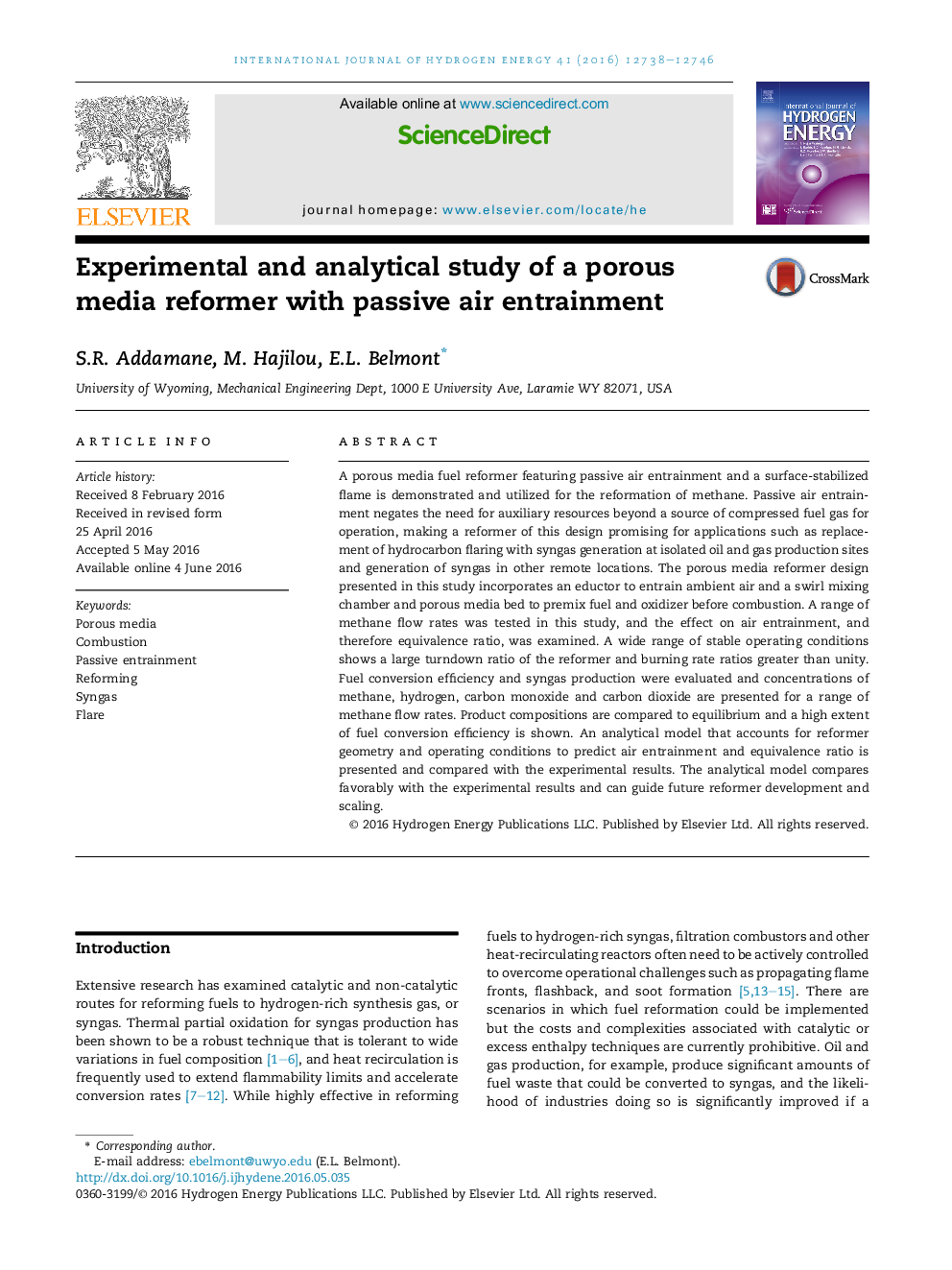 Experimental and analytical study of a porous media reformer with passive air entrainment