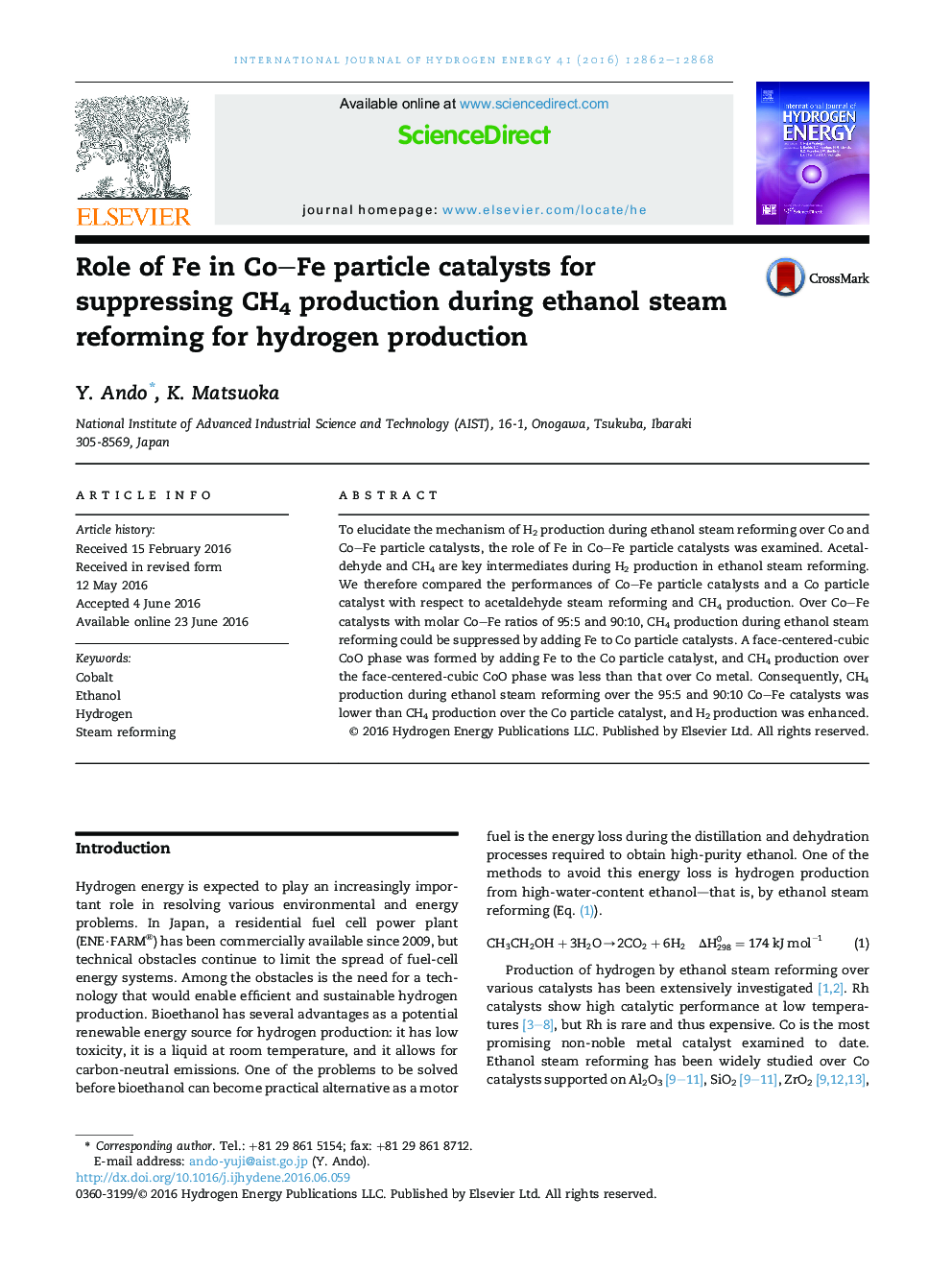 Role of Fe in Co–Fe particle catalysts for suppressing CH4 production during ethanol steam reforming for hydrogen production