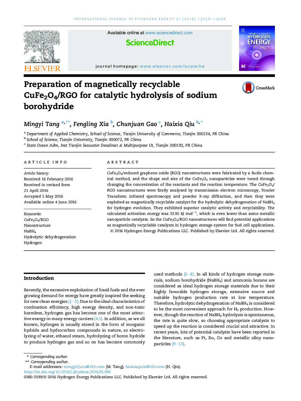 Preparation of magnetically recyclable CuFe2O4/RGO for catalytic hydrolysis of sodium borohydride
