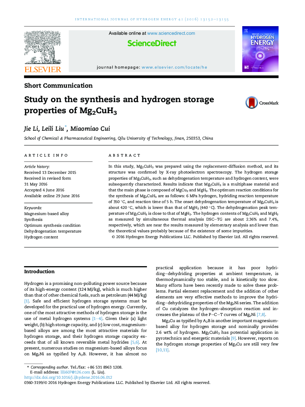 بررسی سنتز و ذخیره هیدروژن خواص Mg2CuH3