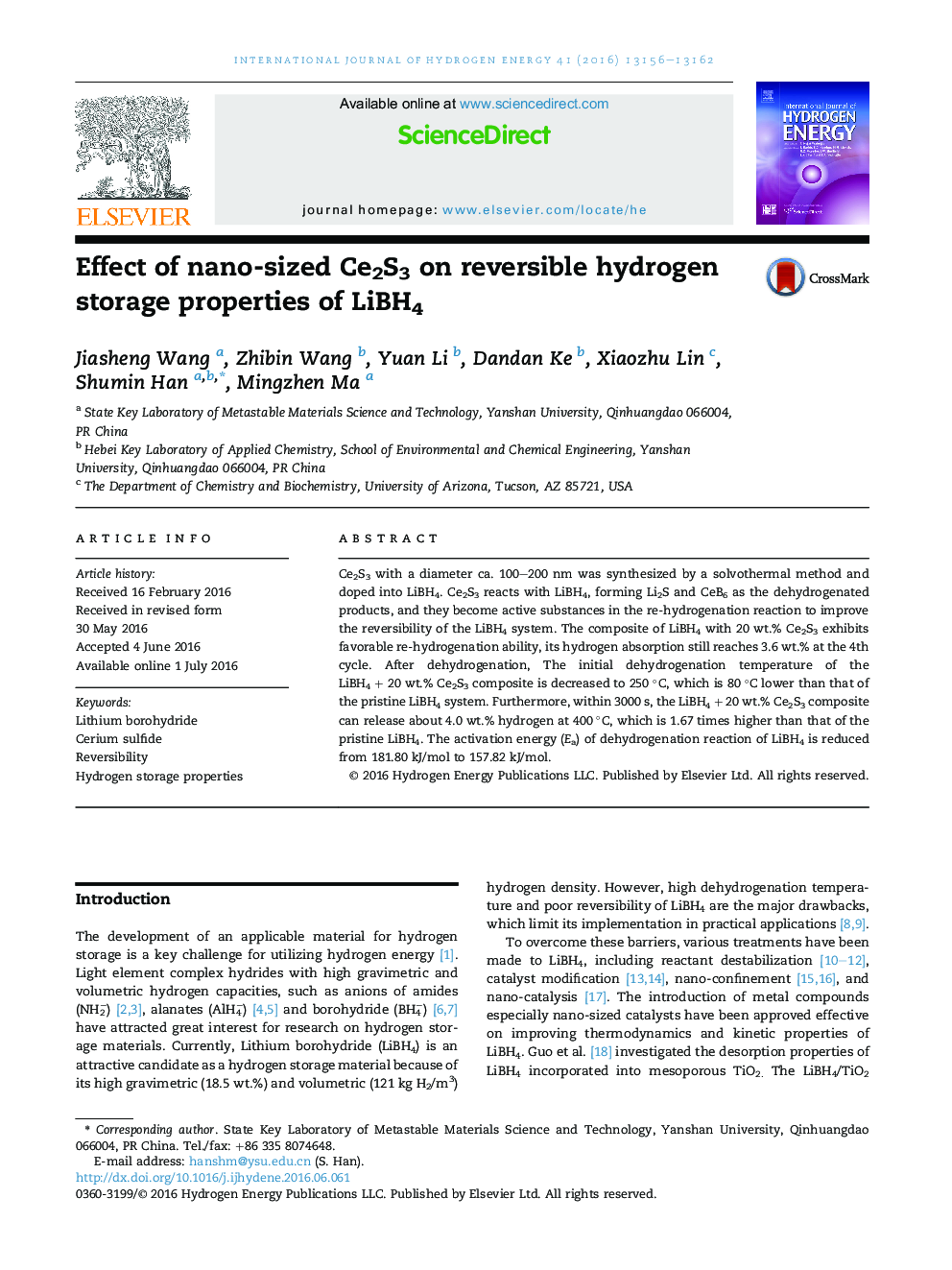 Effect of nano-sized Ce2S3 on reversible hydrogen storage properties of LiBH4