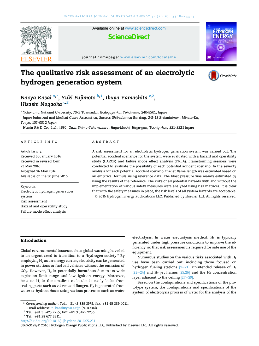 The qualitative risk assessment of an electrolytic hydrogen generation system