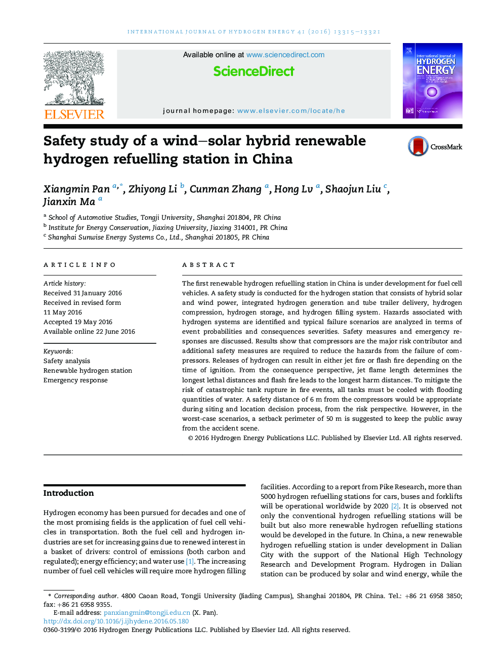 Safety study of a wind–solar hybrid renewable hydrogen refuelling station in China