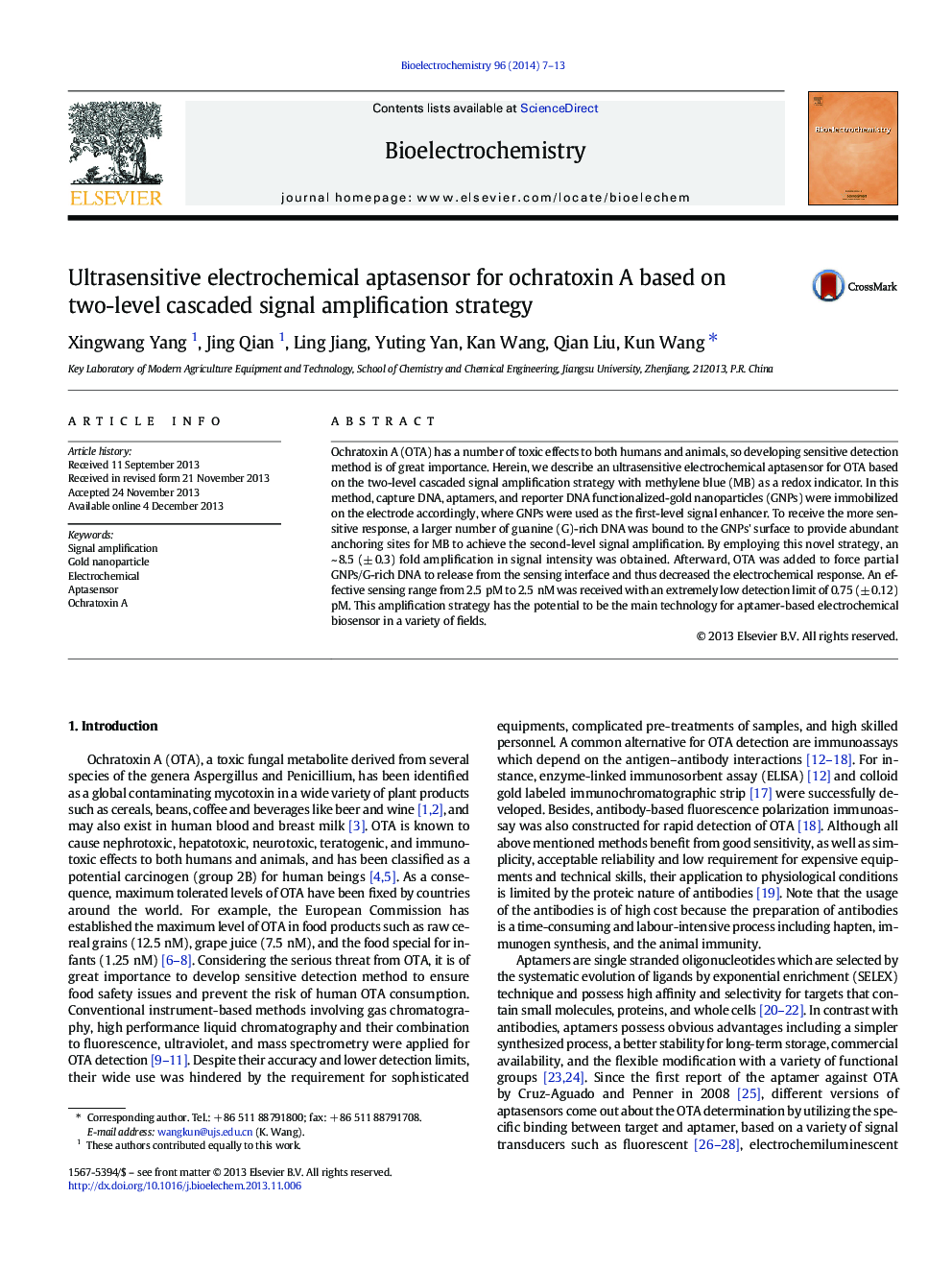 Ultrasensitive electrochemical aptasensor for ochratoxin A based on two-level cascaded signal amplification strategy