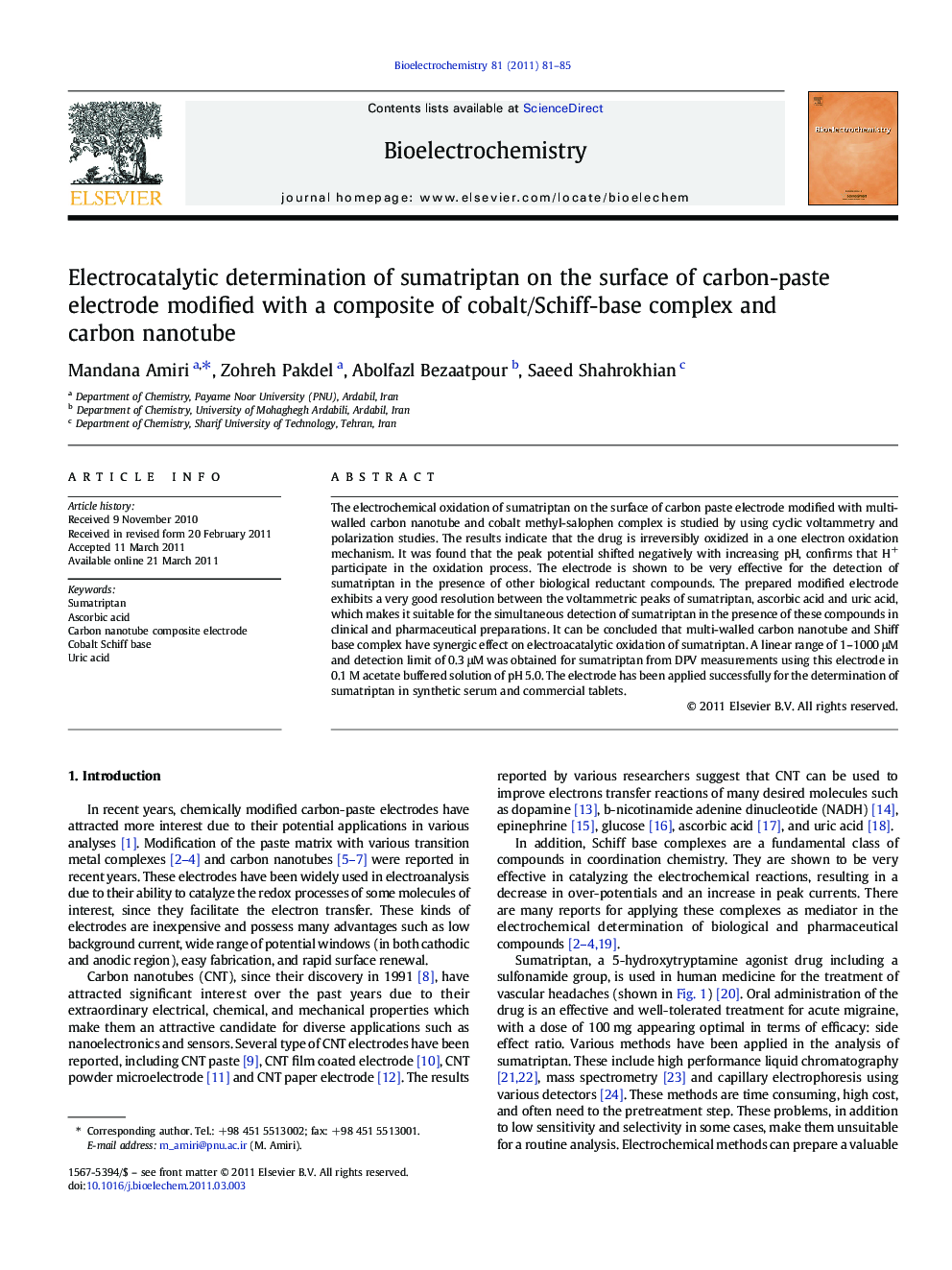 Electrocatalytic determination of sumatriptan on the surface of carbon-paste electrode modified with a composite of cobalt/Schiff-base complex and carbon nanotube